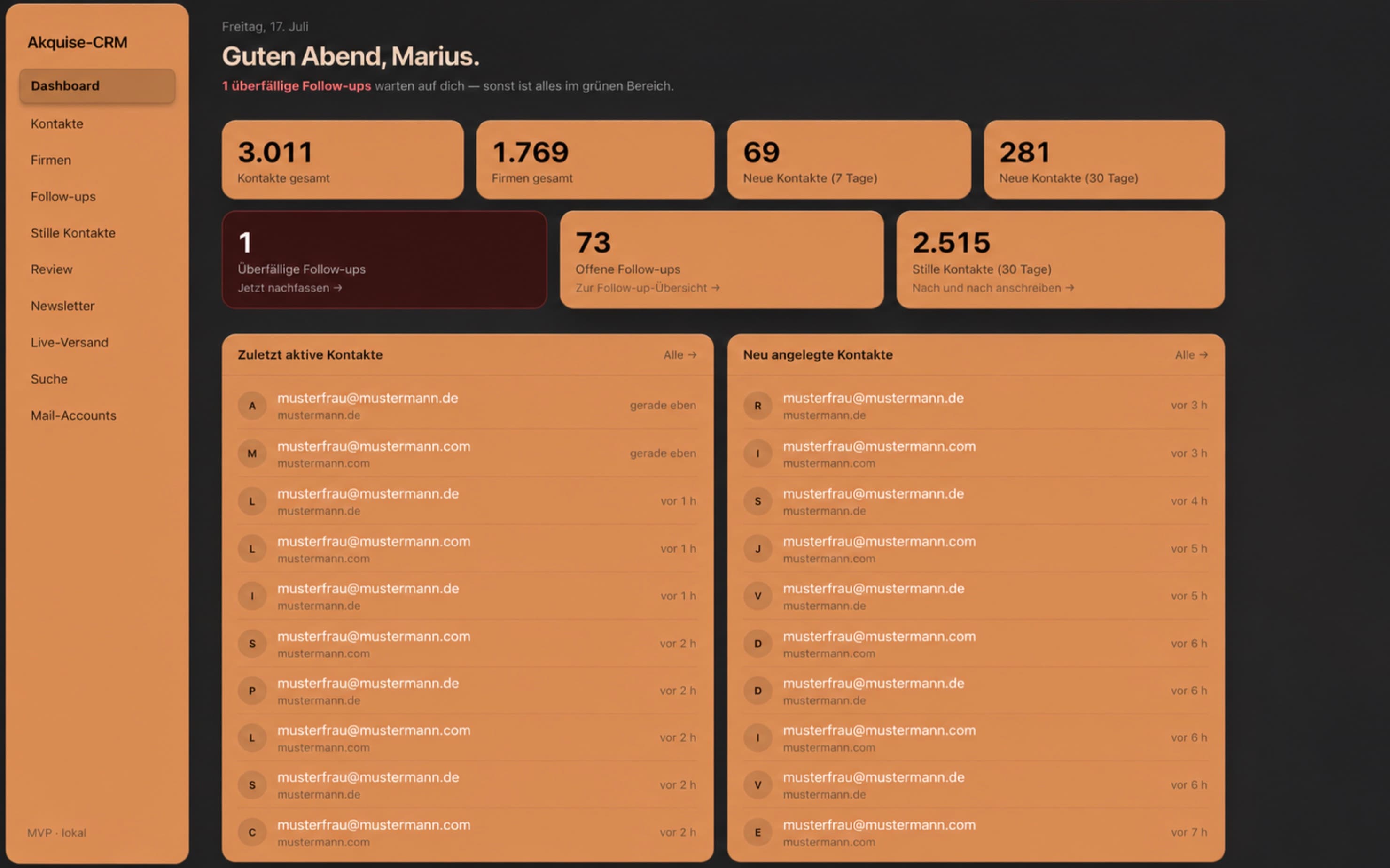 Dashboard des selbst gebauten Akquise-CRM mit Kontakt-, Firmen- und Follow-up-Übersicht