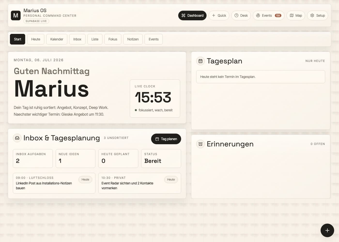 Dashboard von Marius OS mit Tagesplan, Inbox und Erinnerungen